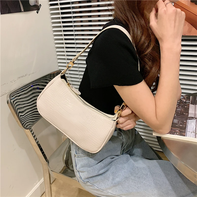 

Vintage Design Soft PU Leather Women Underarm Shoulder Bags High Quality Crocodile Pattern Ladies Armpit Bags Baguette Handbags