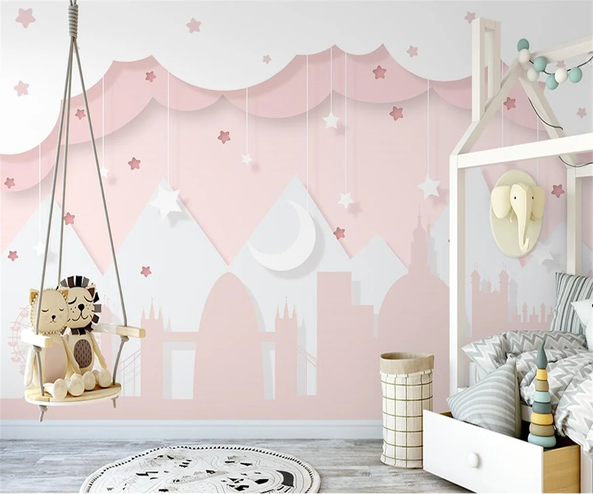 Custom-girl-room-wallpaper-hand-painted-pink-clouds-children-s-room-interior-background-wall ...