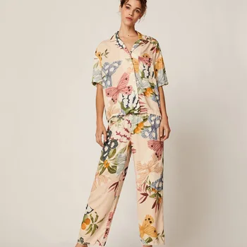 

2020 New Sleepwear Women Cotton Nightwear Pajamas Suit Soft Print Shirt&Pants 2PCS Sleep Set Loose Pyjamas Lingerie Homewear