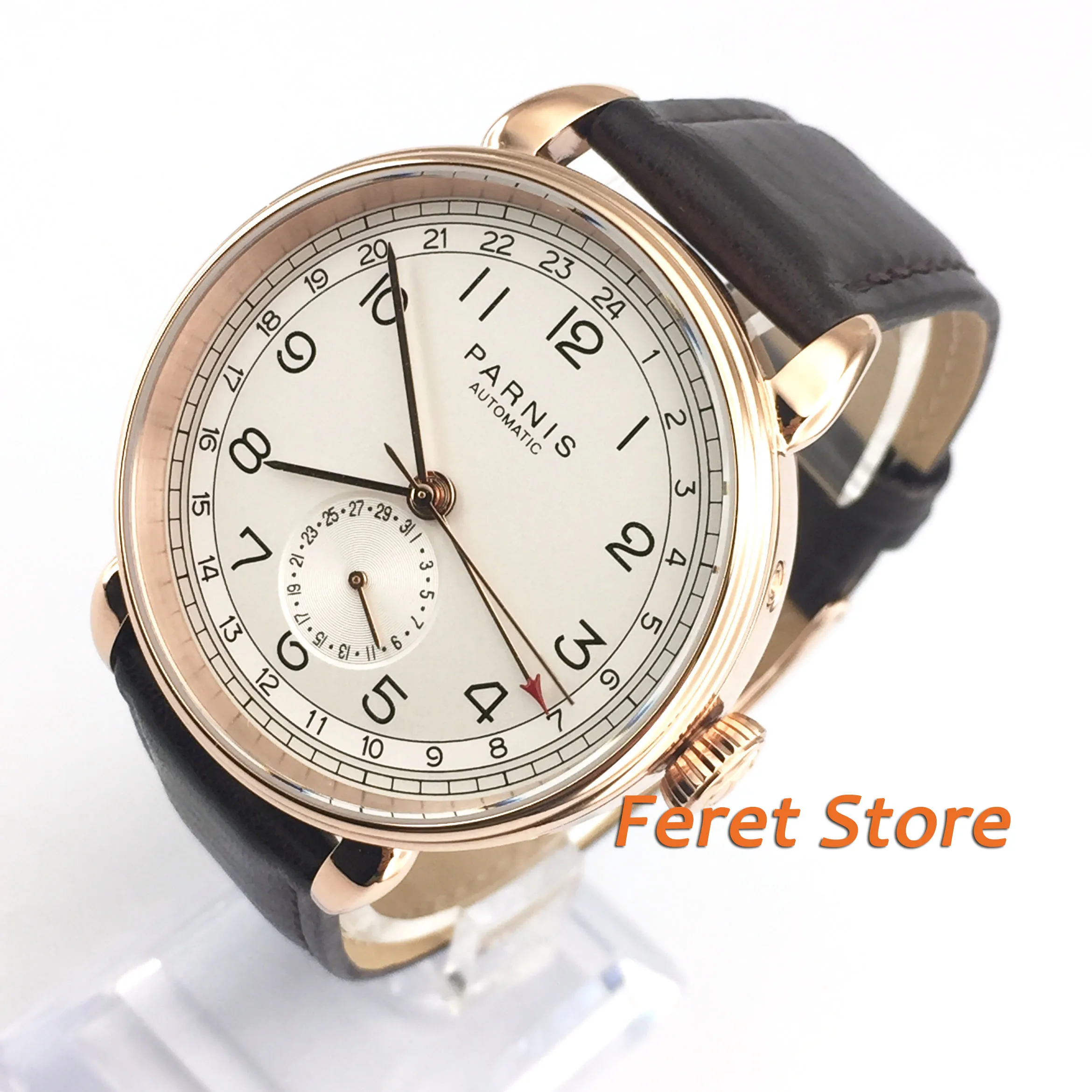 

new fashioned 42mm PARNIS Rose Gold case white dial Four hands Leather strap men's automatic mechanical watch