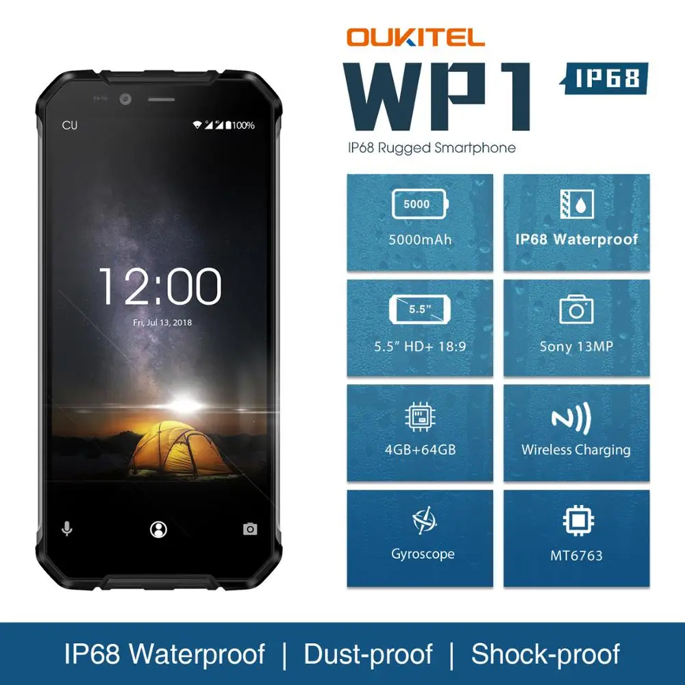 

OUKITEL WP1 5.5 Inch Android 8.1 Smartphone Rugged IP68 Waterproof CellPhone Octa Core 4GB 64GB MTK6763 Mobile Phone 5000mAh OTG
