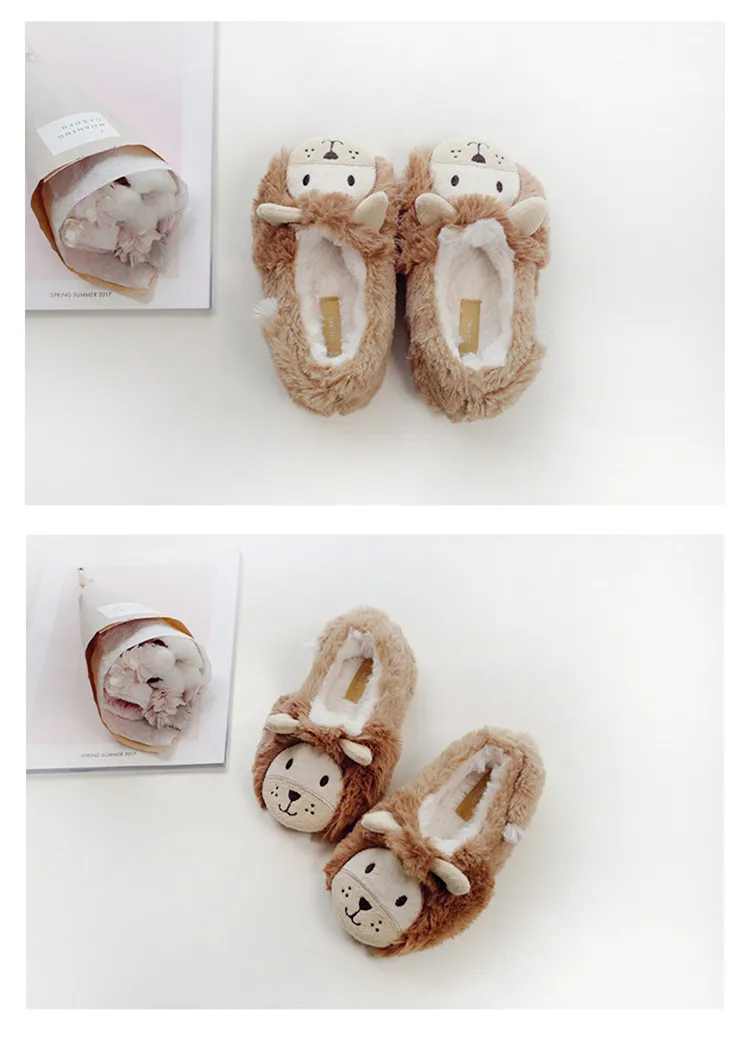 Suihyung Cute Animal Slippers Kids Winter Warm Home Slippers Children Soft Non-slip Indoor Floor Shoes Furry Lion Plush Slippers