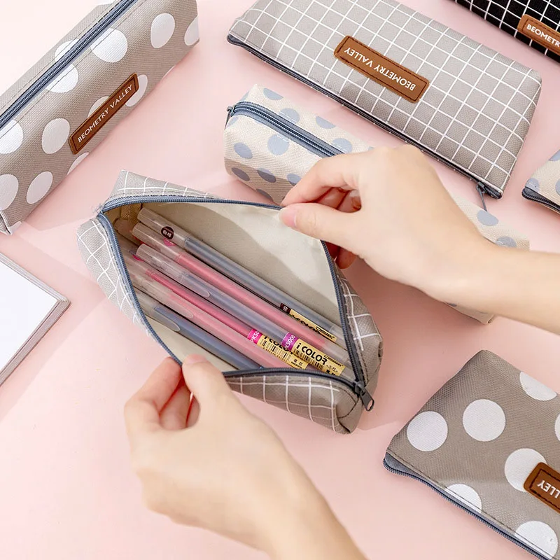 

Creative Canvas Pen Case Cute Dot Grid Pencil Case Large Capacity Pencil Pouch For Kids Gifts School Office Supplies stationery