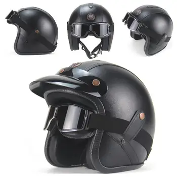 

Motorcycle German Half Face Helmet Chopper 3/4 leather helmet Scooter Half Helmet Skull Cap Hat Chopper With WindGlass