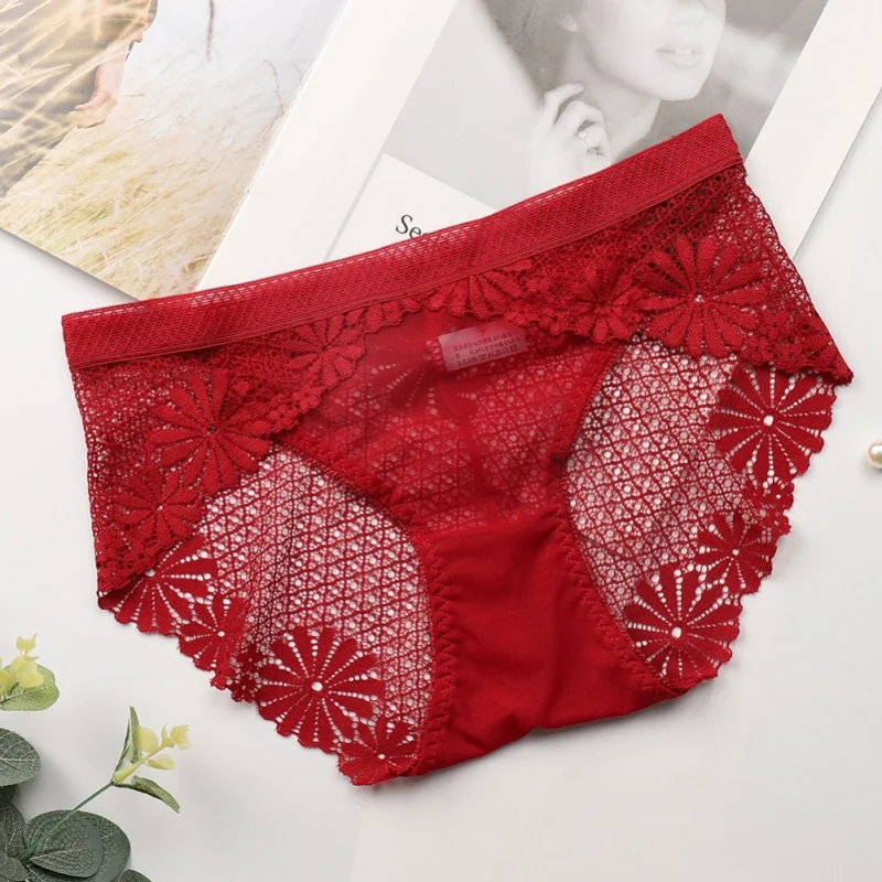 Ladies Underwear Sexy Lace Briefs Free Size Transparent Lingerie Female Seamless Tempting Pretty Panties Mid Waist Intimates