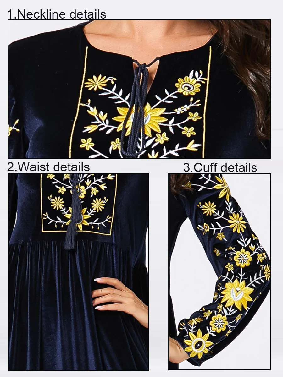 Abaya/арабское платье с цветочным рисунком; кафтан в Дубае; сезон весна-зима-осень; теплое темно-синее Повседневное платье с вышивкой; большие размеры