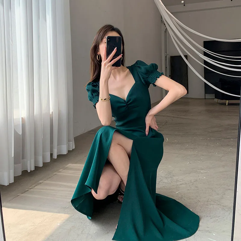 Yeşil zarif elbiseler kadınlar için fransız Vintage Backless Midi bölünmüş  elbise ofis bayan kore tarzı bir parça elbise yaz 2021|Elbiseler| -  AliExpress
