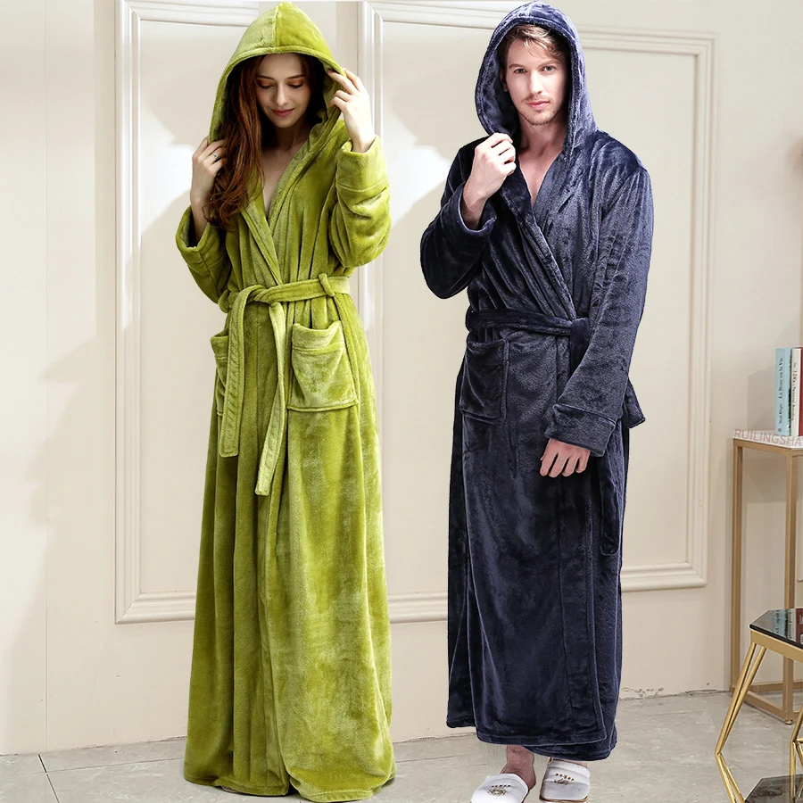 

Plus Size Flannel Bathrobe Women Long Warm Winter Bath Robe Hooded Bridesmaid Robe Sexy Wedding Dresses Mens Nightwear