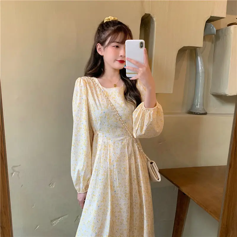 Puff Sleeve Floral Long Dress Womens High Waist Light Yellow Sweet Temperament Plus Size A-Line Leisure Fresh Ulzzang Retro Maxi macys dresses