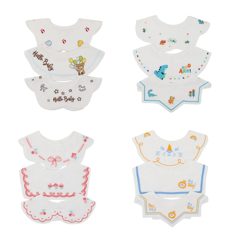 3 Pcs/Set 360 ​​° Rotate Baby Feeding Drool Bibs Collar Decoration Embroidery Saliva Towel Pure Cotton Anti-Stain Burp for G99C