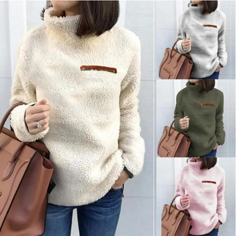 

Women Fluffy Fleece Pullover Autumn Winter Elasticity Faux Fur Turtleneck Pullover Fashion Long Sleeve Casual Ladies Warm Tops