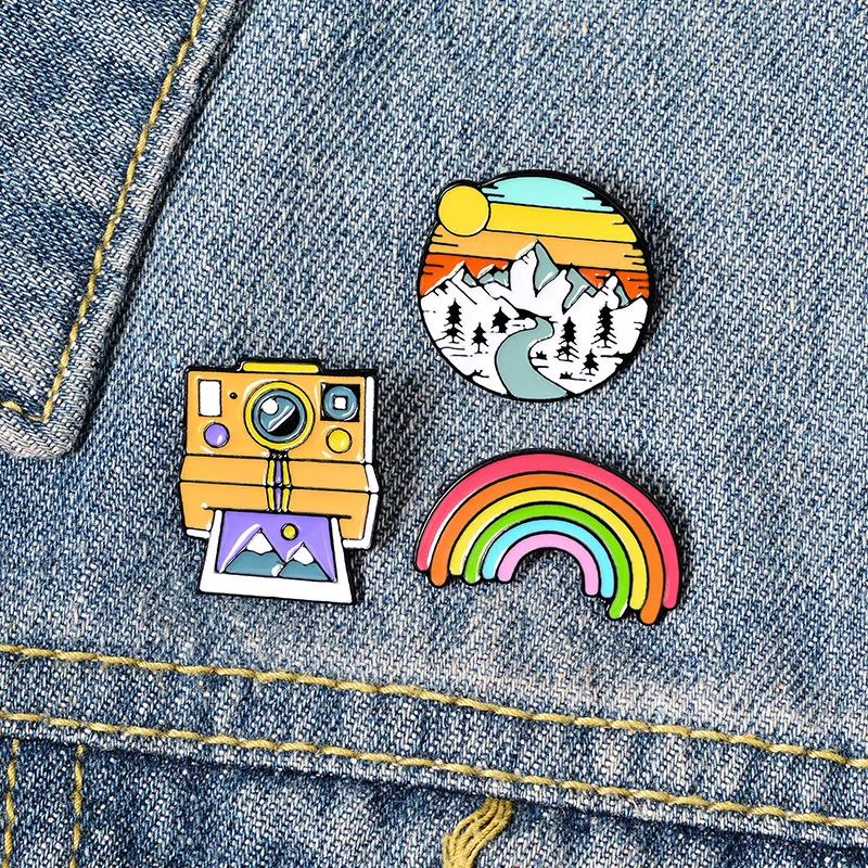Rainbow sunset Mountains retro polaroid camera film tape creative brooch cartoon pin pendant fixed clothes bag accessories badge
