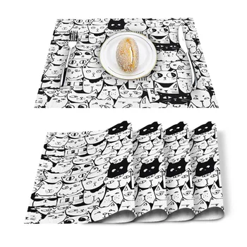 

Cat Kitten Animal Black White Placemat Washable Cotton Linen Table Cloth Pad Mat Rectangle Placemats Heat Resistant