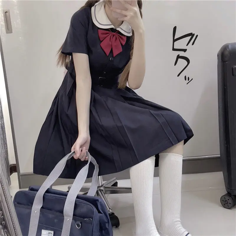 Harajuku Sailor Collar Navy Dress Japanese Lolita Sweet Bow-knot Girl Retro Cotton Kawaii Preppy Style Short Sleeve Dress Women