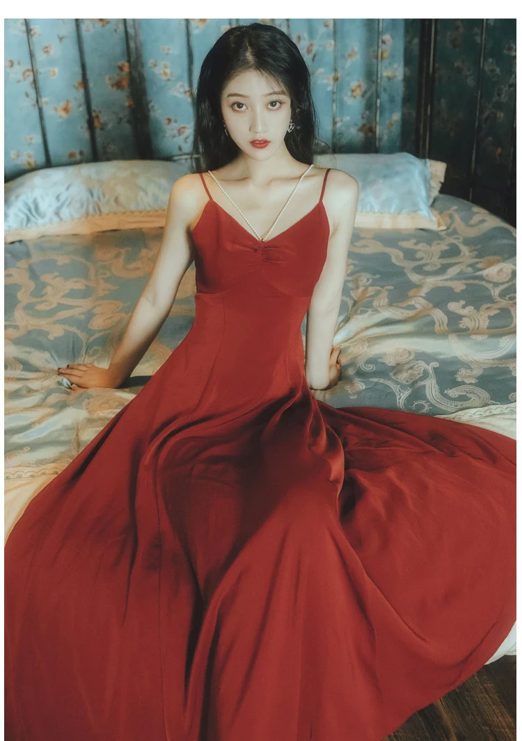 YOSIMI летнее красное сексуальное женское платье без рукавов с открытой спиной и v-образным вырезом длинное женское платье с жемчужным бисером вечернее платье на бретельках