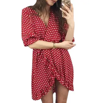 

Sexy Summer Women Polka Dot V Neck Half Sleeve Ruffled Irregular Mini Dress