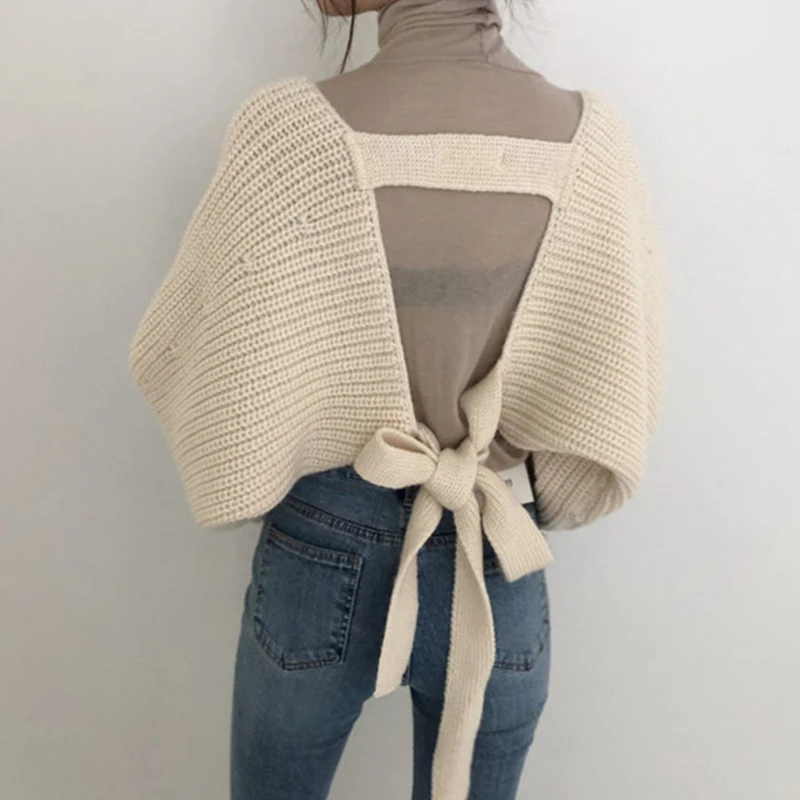 

Paris Girl All-match Loose Knitted Women Cardigans Backless Hollow Out Design Bandage New Autumn Women Sweater Korean