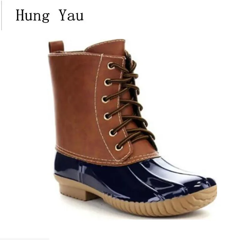 Rainboots Women Leopard Ankle Duck Boots Waterproof Non-slip Fashion
Female Flat Outdoor Platform Lace Up Plus Size 35-43
