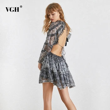 

VGH Ruffle Print Backless Print Dress For Women High Waist Lace Up Bowknot Perspective Dresses Female Summer Fashion New 2020