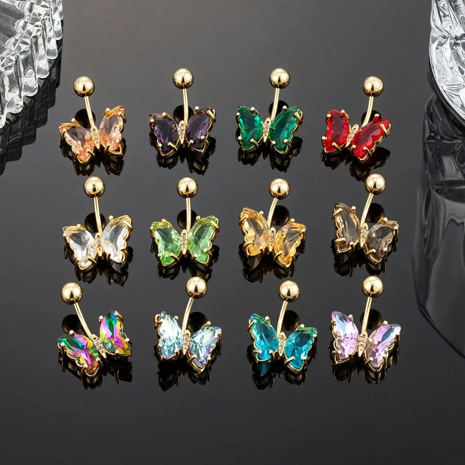Piercing jewelry body piercing earrings ear piercing jewelry ear studs metal jewelry belly button earrings belly button piercings body piercing jewelry body jewelry Colorful crystal butterfly navel earring 16G 10mm surgical steel belly button piercing rings woman ear lobe stud body jewelry