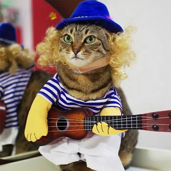 

Funny Pet Guitar Player Cosplay Dog Costume Guitarist Dressing Up Party Xmas Halloween New Year Clothes For Dog Cats Plus Wig