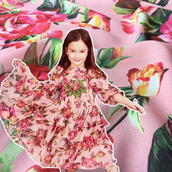 

2018 spring and summer fashion digital printing cloth rose flowers family costumes chiffon floral high quality printing fabric