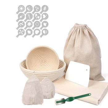 

2 Pcs Bread Proving Basket 9Inch and 5Inch, with Cloth Liner Bread Bag Lame Scraper Decor Stencils