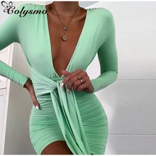 Colysmo, 2 слоя, зеленое облегающее платье для женщин, осень, сексуальное, с глубоким вырезом спереди, с рюшами, платье для женщин, вечерние, короткое платье