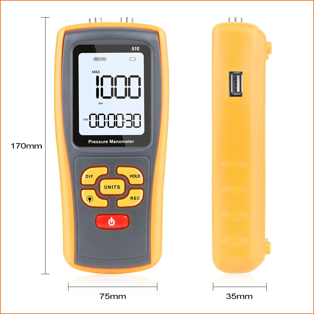 RZ Pressure Gauge Manometer Handheld Pressure Differential Tester Range 10KPa USB Portable Digital Manometer Pressure Meter