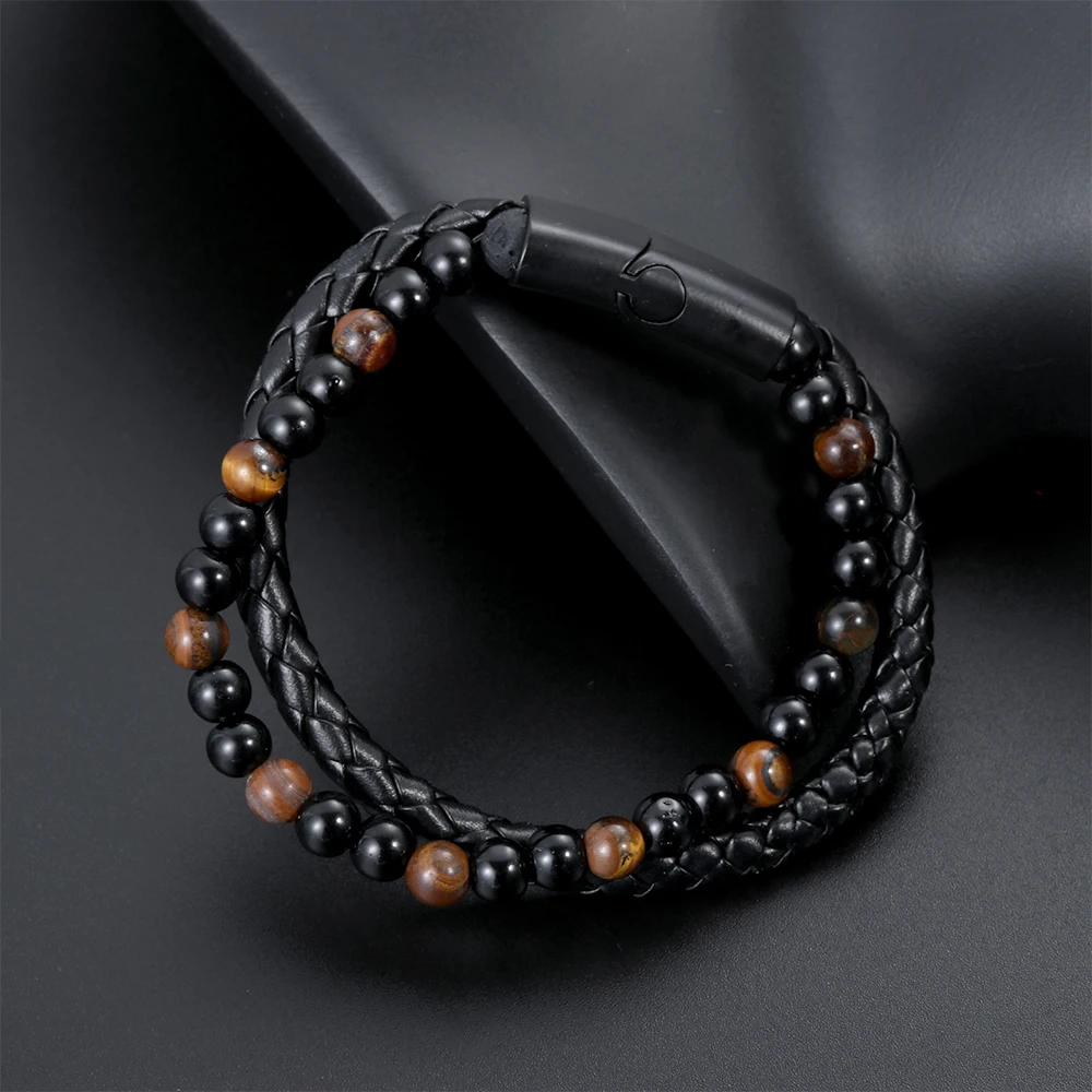 Модные мужские ювелирные изделия, натуральный камень, натуральная кожа, браслет, Черная Нержавеющая Сталь, магнитная застежка, тигровый глаз, браслет из бисера для мужчин