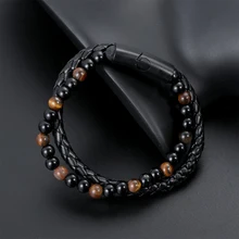 Модные мужские ювелирные изделия, натуральный камень, натуральная кожа, браслет, Черная Нержавеющая Сталь, магнитная застежка, тигровый глаз, браслет из бисера для мужчин