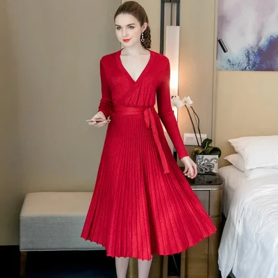 Материнство глубокий v-образный вырез вязаный кормящий свитер платье Беременность осень вечерние халат для кормящих женщин элегантный сексуальный Vestido - Цвет: Красный