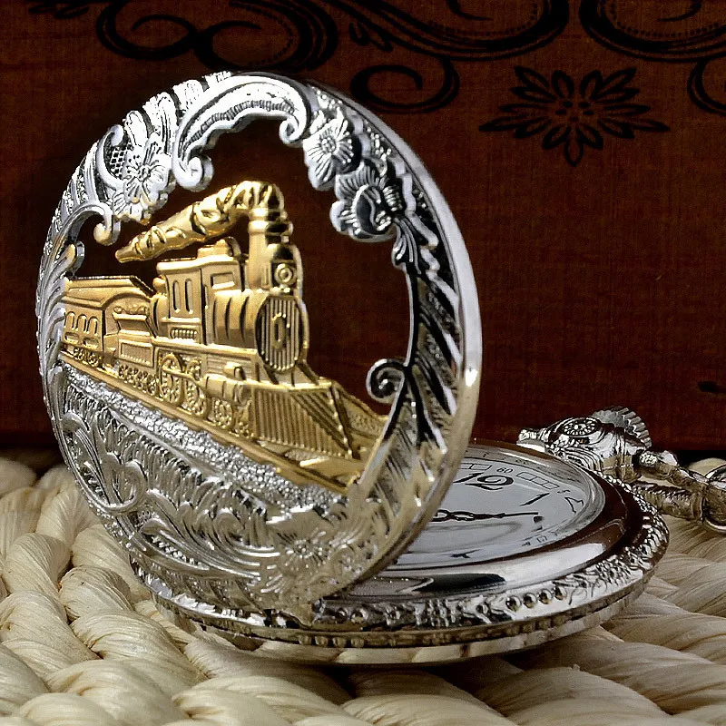 

IBEINA Silver and Hollow Train Theme Full Hunter Quartz Engraved Fob Retro Pendant Pocket Watch Chain Gift