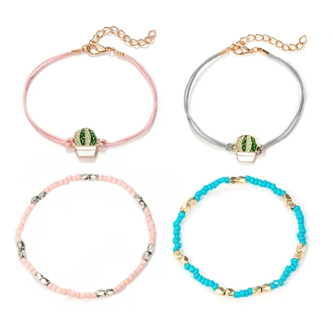 4pcs/set New Cartoon Cute Metal Cactus Rope Chain Charm Bracelet For Women Bohemian Jewelry Statement Beaded Anklet Bangle Gift