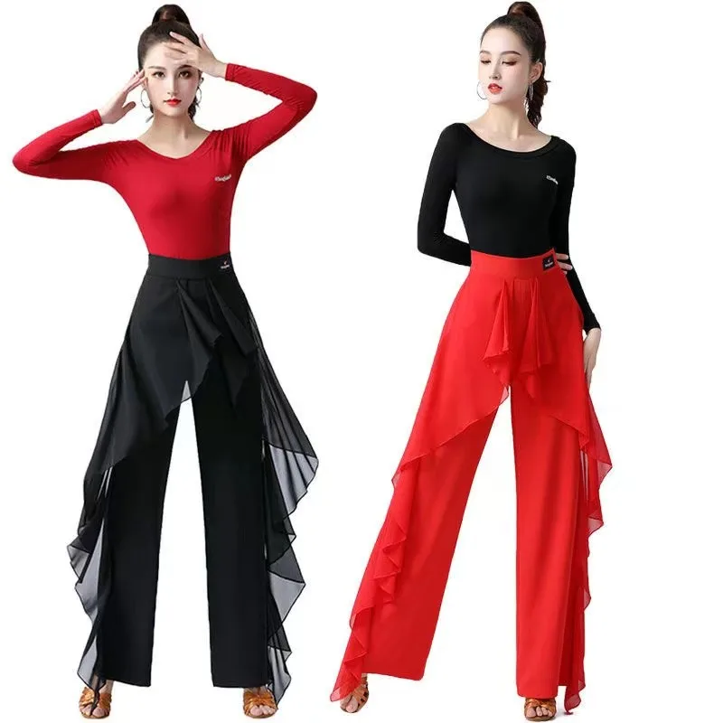 Latin Dance Pants Practice Ballroom Dance Wide-Leg Pants Modern Women's High Waist Ruffle Wide 5XL dance pants
