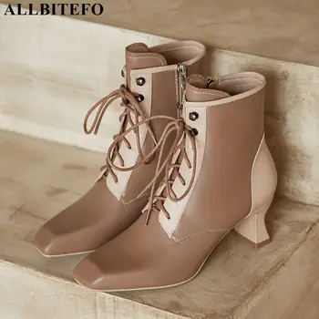 

ALLBITEFO square toe genuine leather thick heels women boots women high heel shoes brand high heels ankle boots for women
