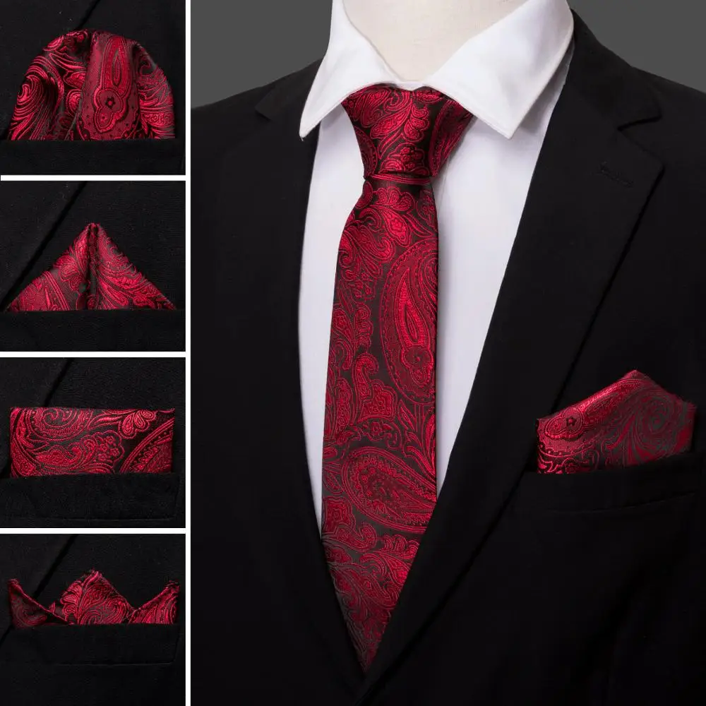 Красно-красные свадебные галстуки для мужчин, набор галстуков с цветочным узором пейсли для шеи, жаккардовые вечерние галстуки красного цвета, Подарочная коробка, набор Barry.Wang LS-5148