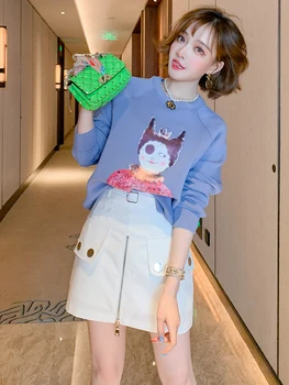 

Space Cotton Age-Reducing Printed Hoodie + Cool Zipper High Waist Slimming Culottes Suit, Female 2020 Early Autumn New