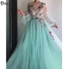 Turquoise Illusion Long Sleeves Evening Dresses 2022 Robe De Soiree Formal Prom Dress 3D Flowers Tulle A-Line Evening Gowns ► Photo 2/6