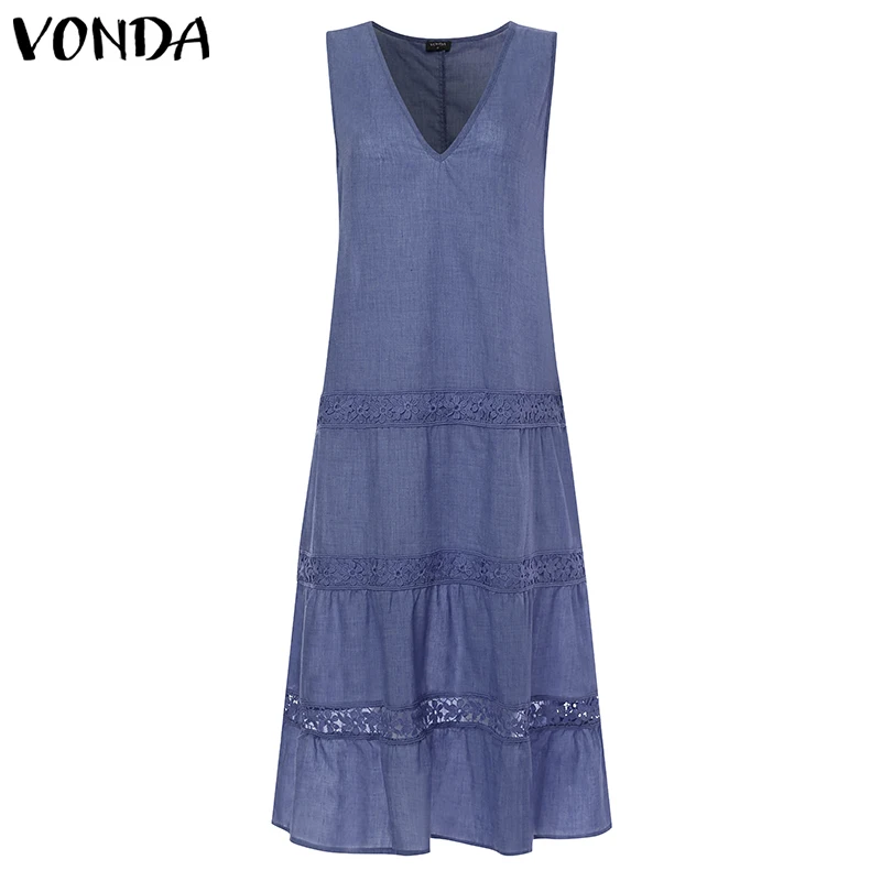 VONDA женское винтажное Открытое платье летнее сексуальное платье без рукавов с рюшами до середины икры плюс размер Vestidos богемное плотное летнее платье - Цвет: Blue