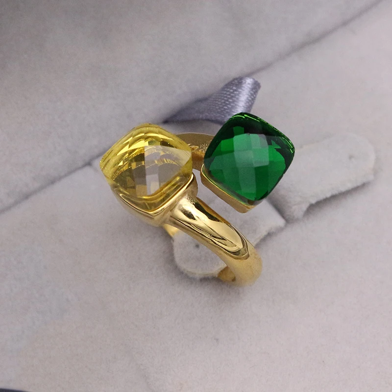 JSBAO Новое поступление двойной стеклянный камень нержавеющая сталь модное Золотое Кольцо женское желтое темно-зеленое кольцо для женщин ювелирные изделия