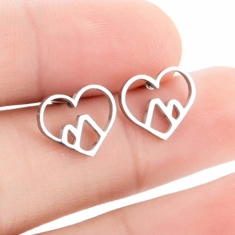 Simple Luck Hiking Outdoor Snow Mountain Stud Earrings for Women Heart Love Nature Inspired Travel Jewelry Climbing Gifts | Украшения и