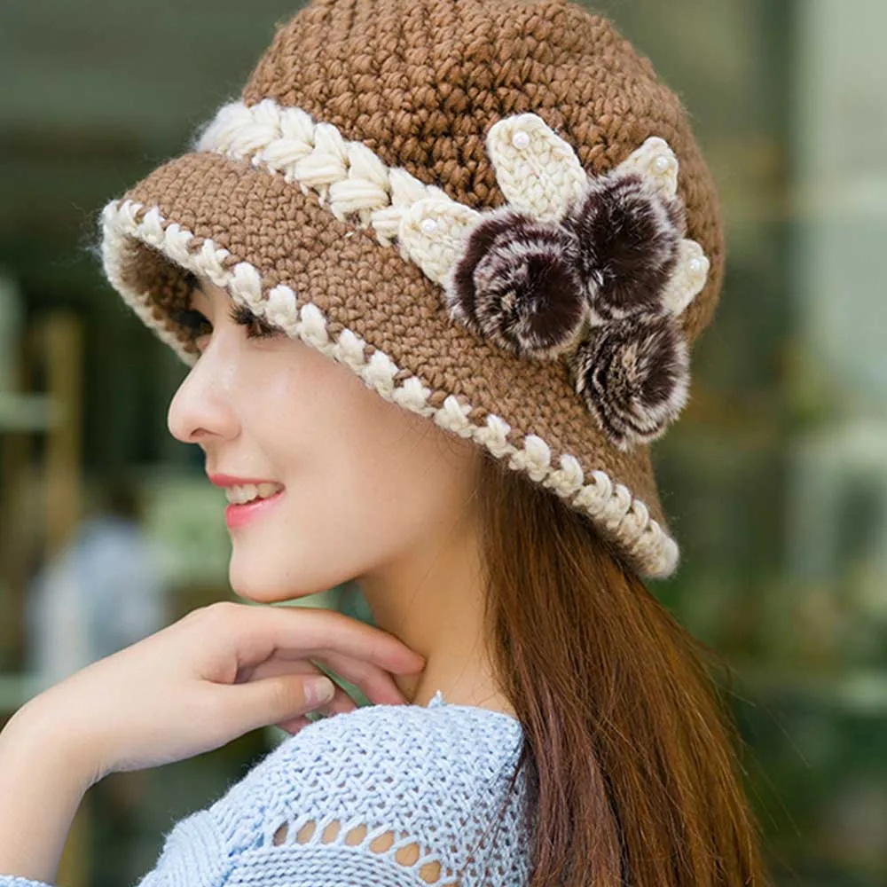 Женские зимние теплые Повседневные шапки, женские красивые шерстяные вязаные шапки, украшенные цветами и ушками, gorros mujer# L5