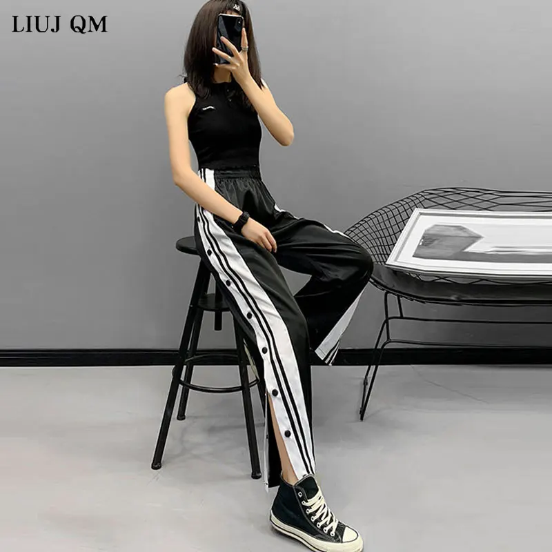 2021 Women Joggers Sweatpants Casual Wide Leg Pants Women Stripe Hip Hop Sweat Pants Streetwear Women Button Trousers Vintage 2