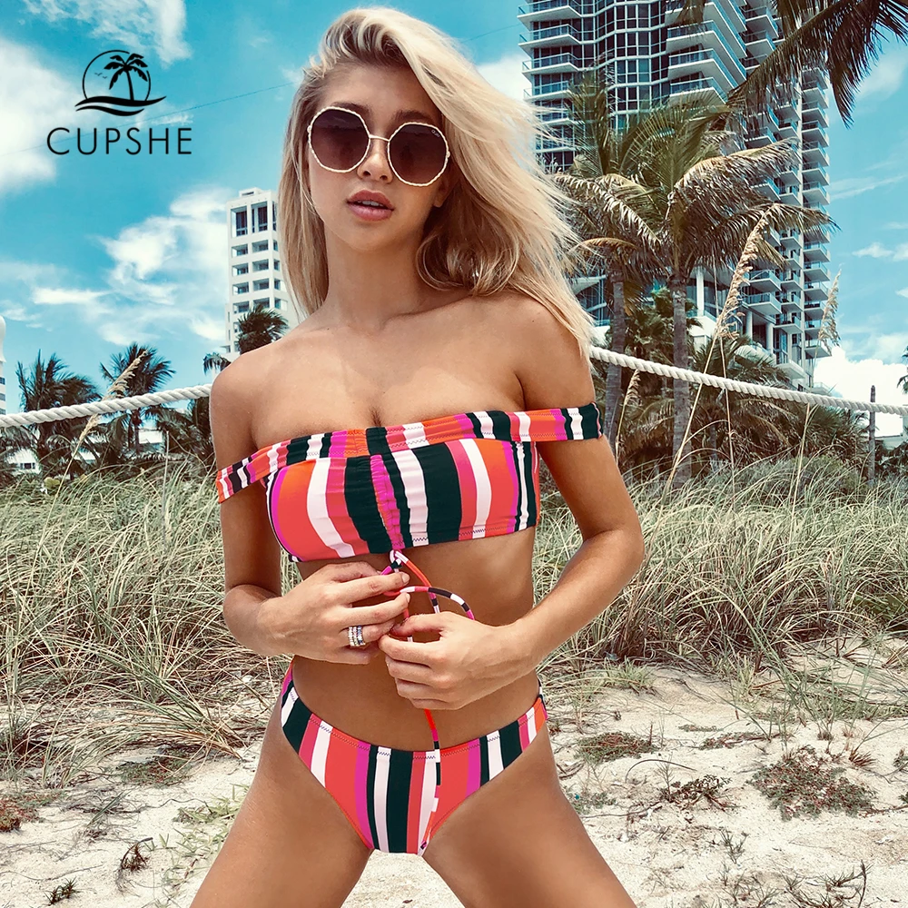 

CUPSHE Stripe Off-The-Shoulder Bikini Sets Women Sexy Drawstring Low-waist Swimsuit Two Pieces Swimwear 2019 Beach Bathing Suits