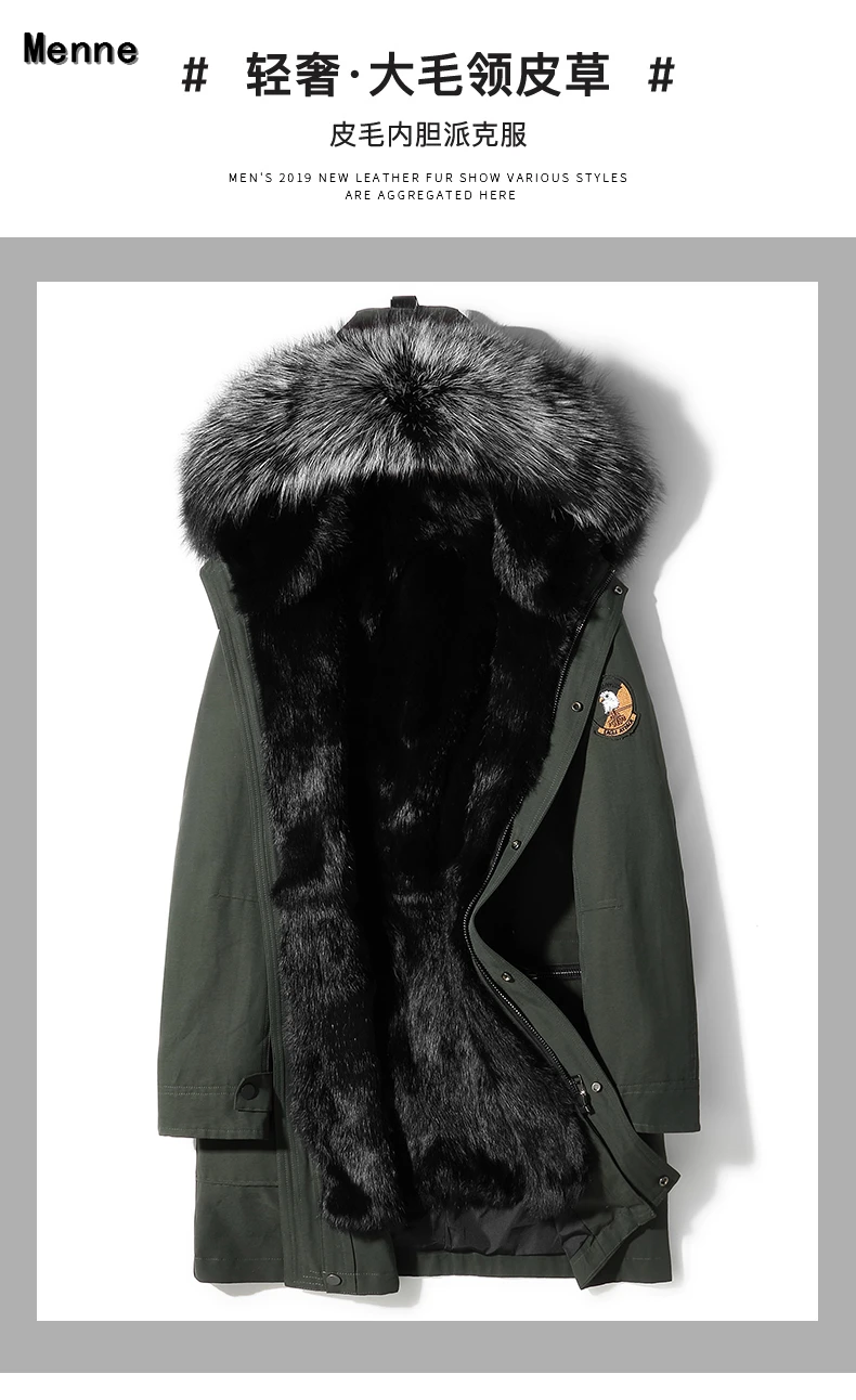 Abrigo largo y mediano de invierno para hombre, cuello de zorro plateado desmontable