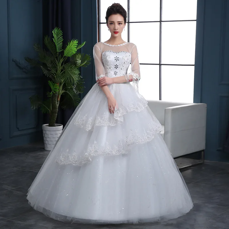 

2019 Rushed Vestido De Noiva Spring 2020 New Wedding Dress Double Shoulder Middle Sleeve Lace Flower Korean Simple Slim Tailed