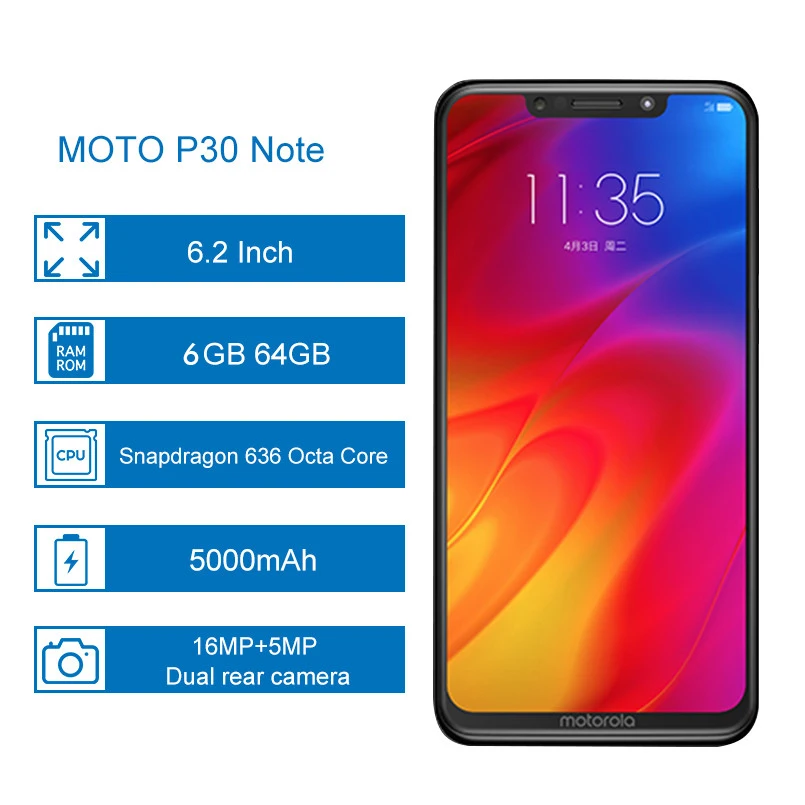 Moto P30 Note One power XT1942-1 6 ГБ 64 Гб Смартфон 6,2 ''Восьмиядерный Snapdragon 636 16 Мп+ 5 м металлический мобильный телефон 5000 мАч