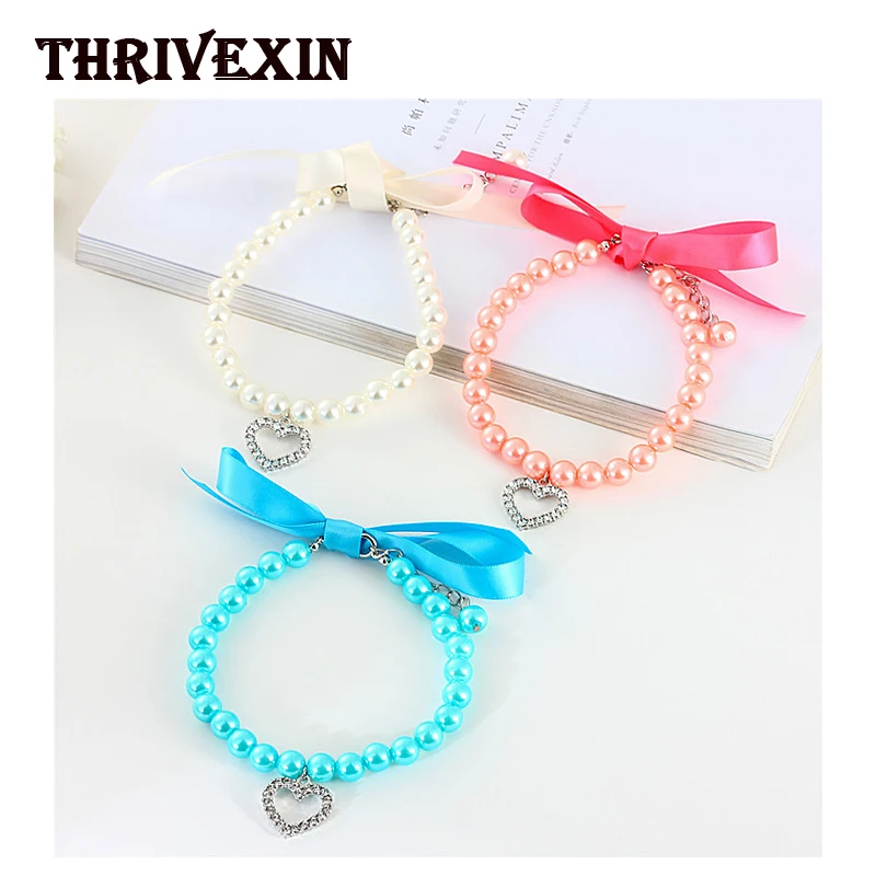 Adjustable Pearl Dog Necklace Chain Pet Supplies Cat Puppy Collar Bling Rhinestones Puppy Accessories Lovely Fashion Dog Bows new fashion pet products new pearl elastic necklace pet collar cat and dog accessories