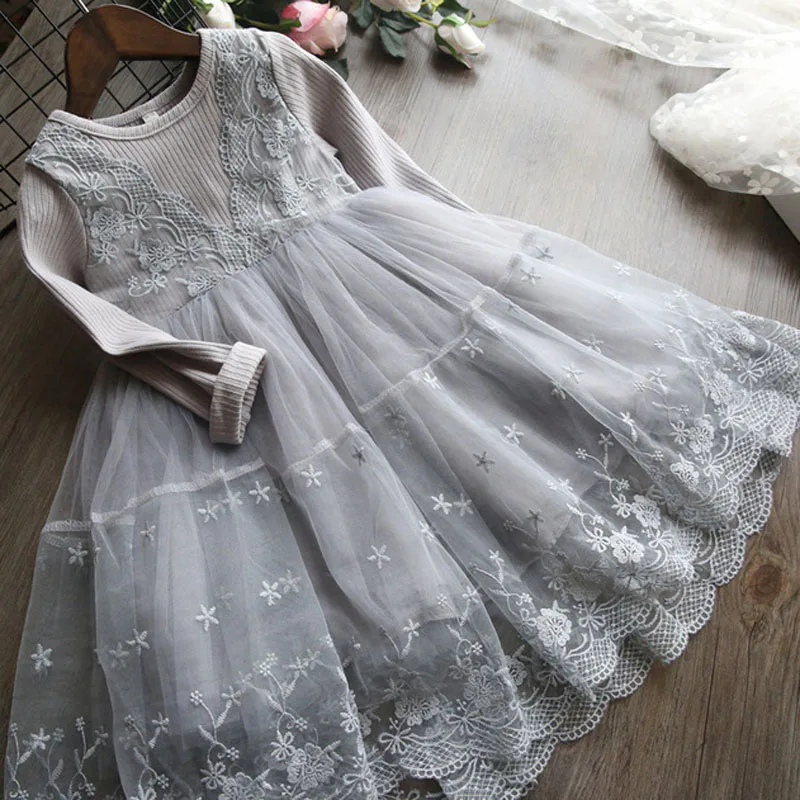 Элегантное платье для малышей; Сетчатое платье принцессы с длинными рукавами; кружевные платья; Детский костюм для дня рождения; милая одежда для маленьких девочек - Цвет: Gray